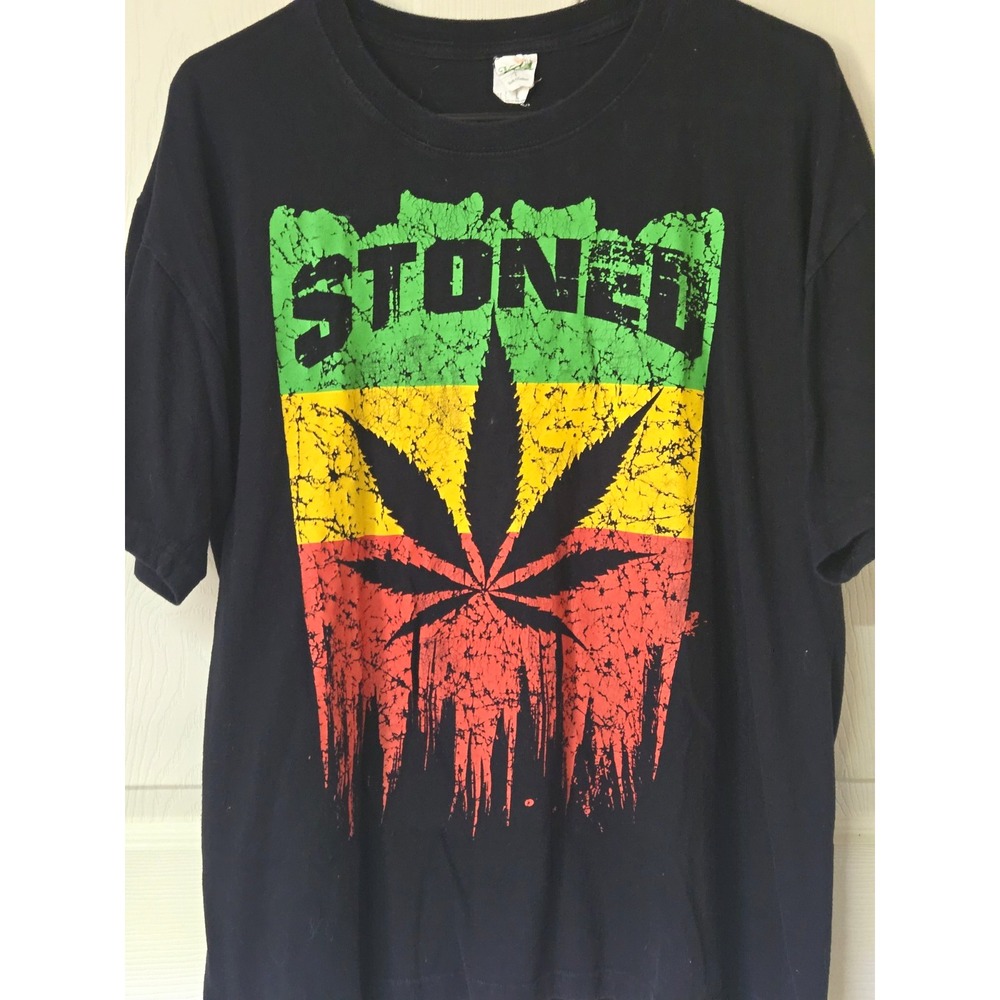 Y2K Keya USA MC180 Mens L Black "Stoned" Cannabis Leaf Rasta Graphic T-Shirt